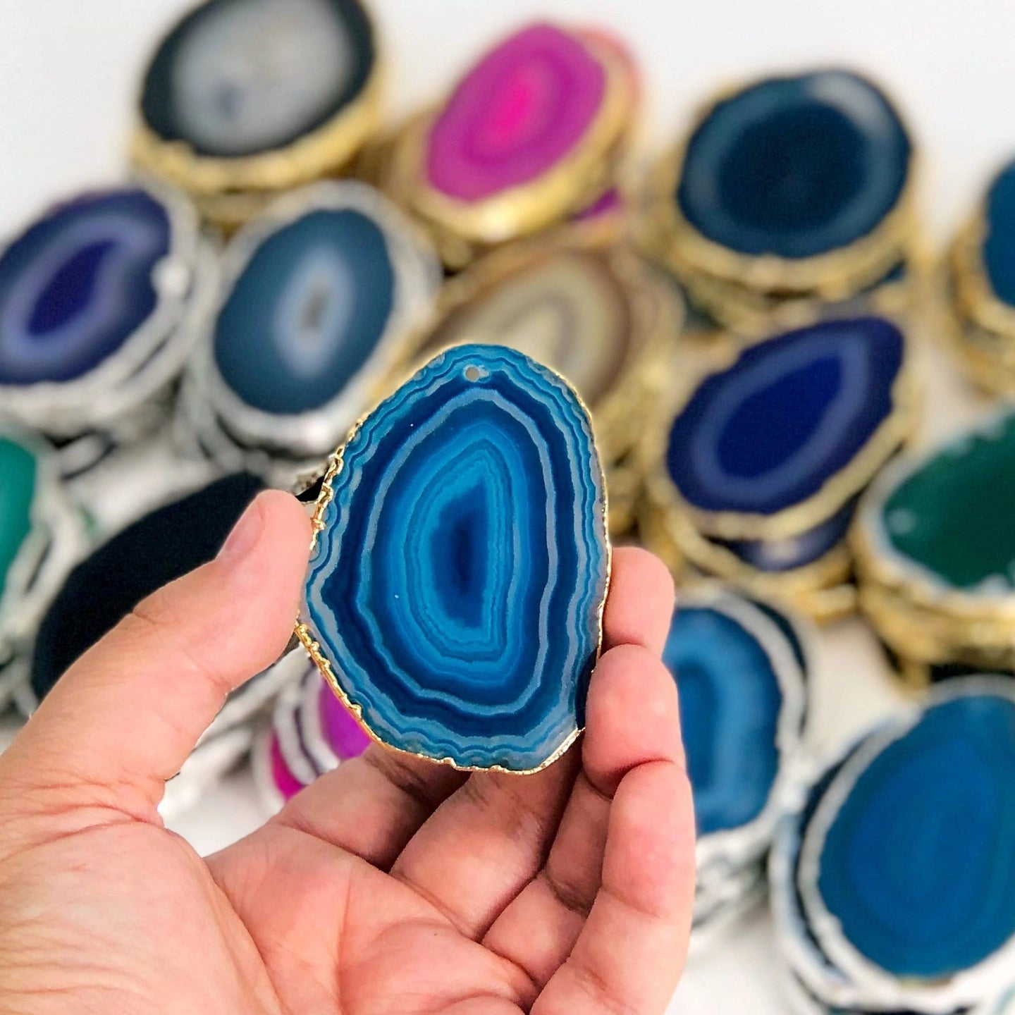 Luna Veil – Natural Agate Slice with Plated Edge for Protection and Versatile Décor