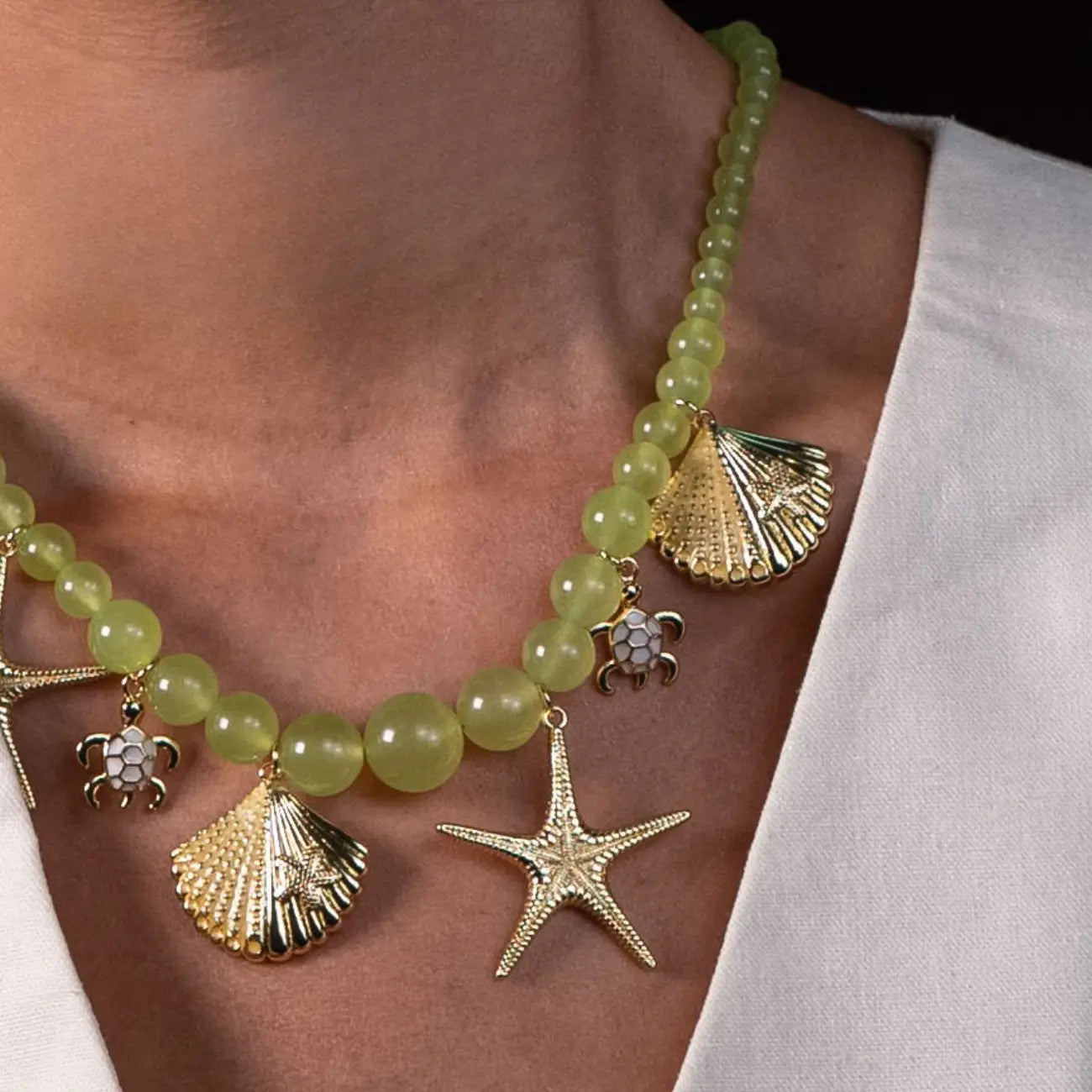Agate Necklace With Marine Charms - Stars Turtles, and shells