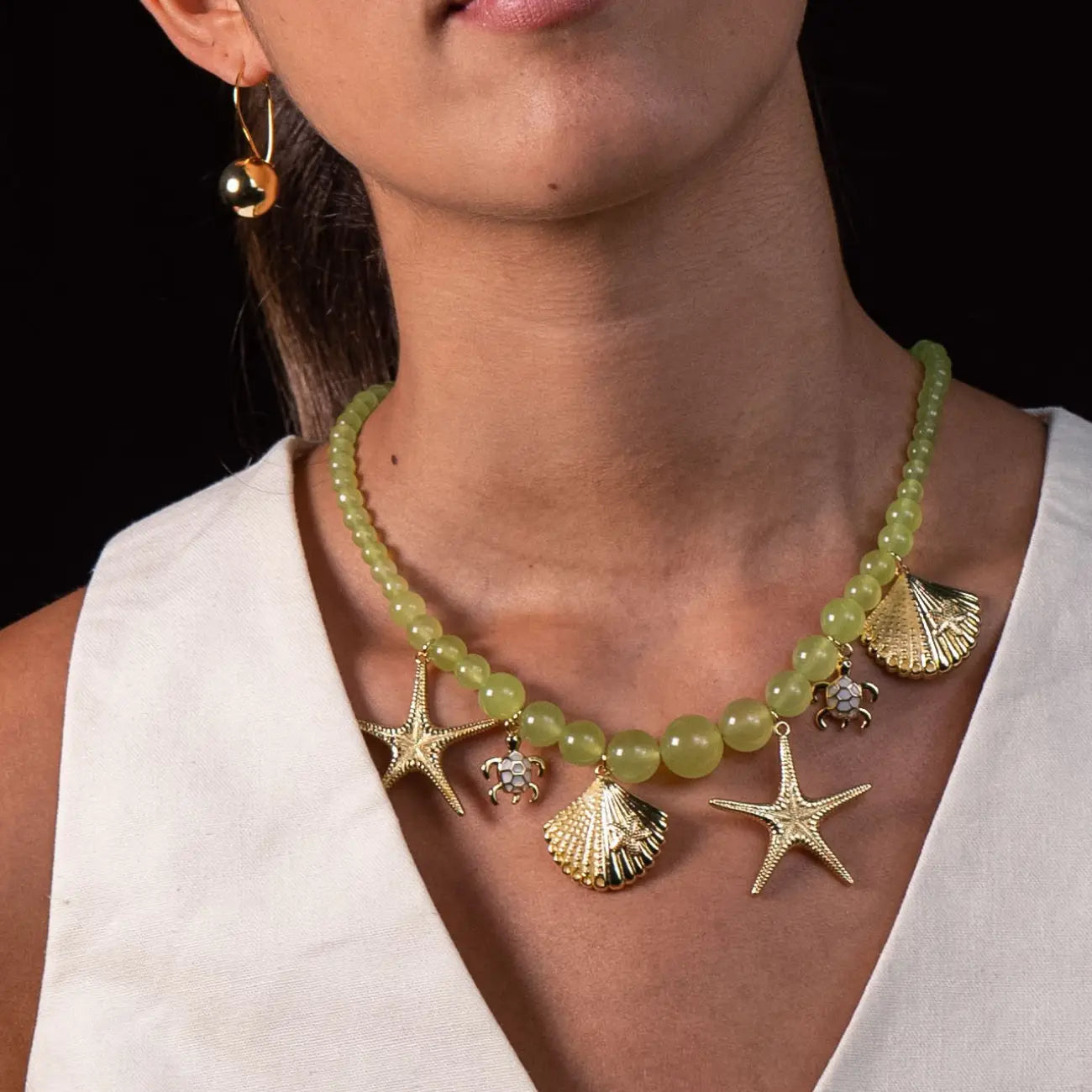 Agate Necklace With Marine Charms - Stars Turtles, and shells