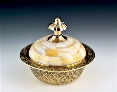 Brass Mother of Pearl Carved Bowl With Lid (Medium)