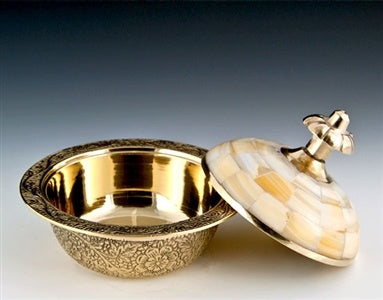 Brass Mother of Pearl Carved Bowl With Lid (Medium)