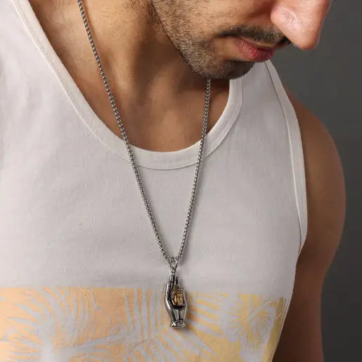 Buddha Palm Pendant Men's Necklace Gold and Silver