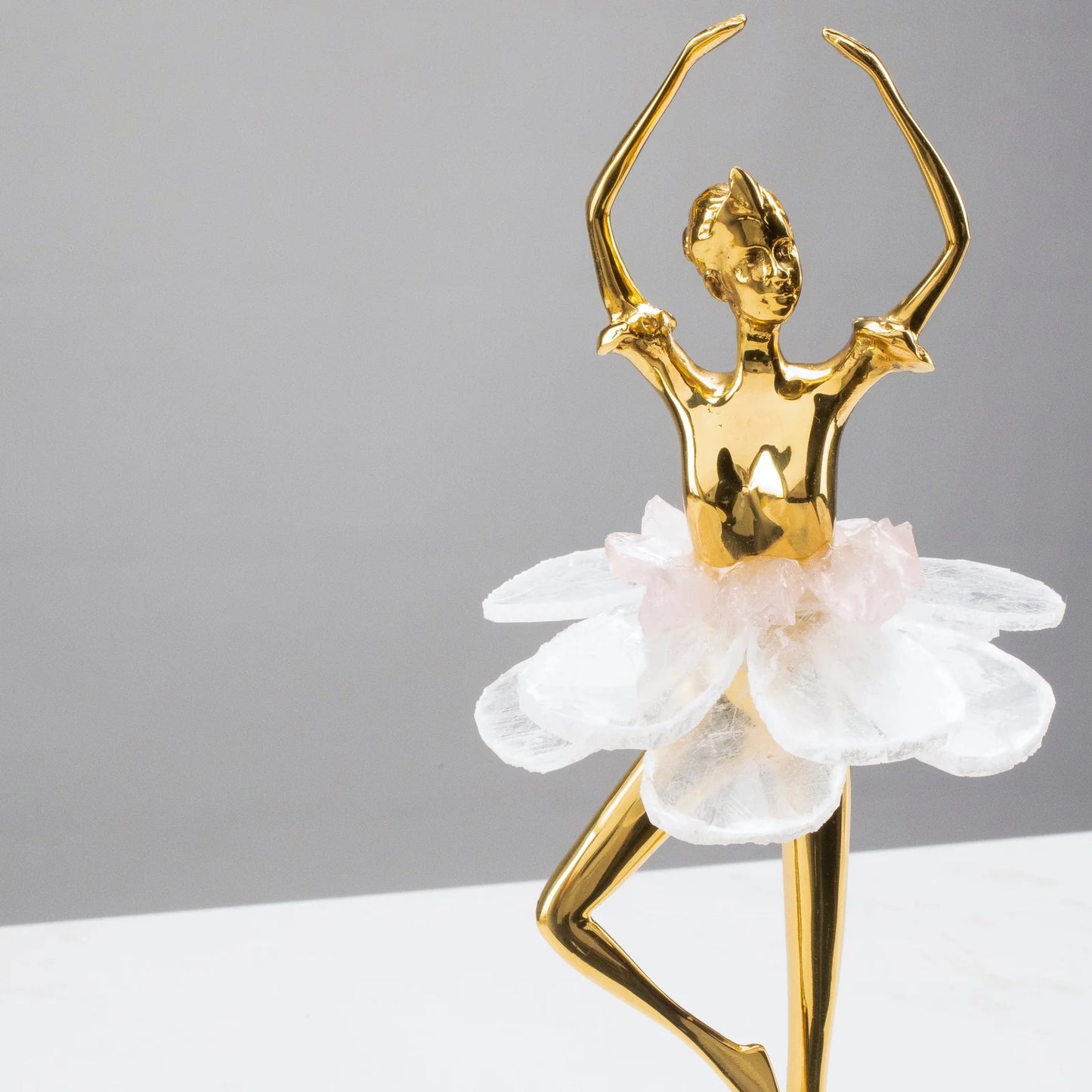 Marble Ballerina Sculpture with Rose Quartz and Calcite Tutu – Sophisticated Elegance and Space Harmonization
