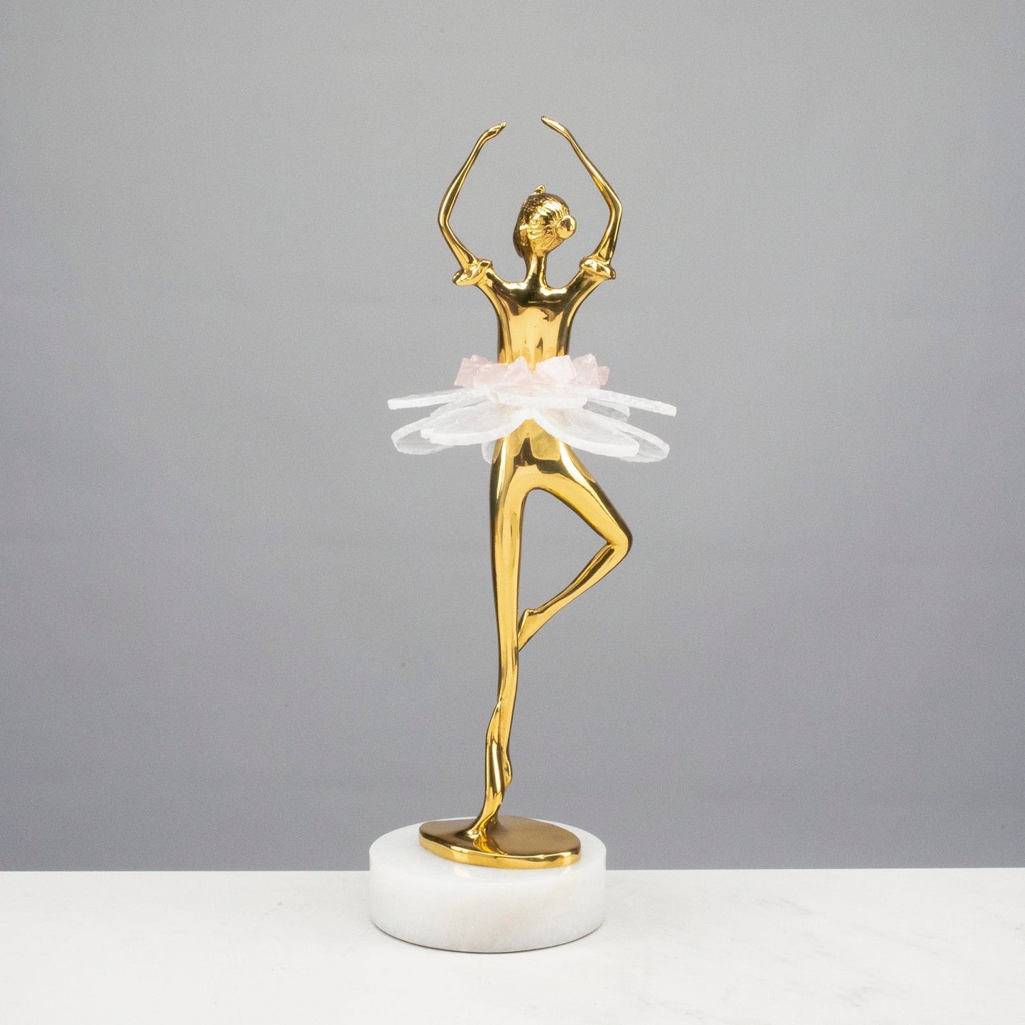 Marble Ballerina Sculpture with Rose Quartz and Calcite Tutu – Sophisticated Elegance and Space Harmonization