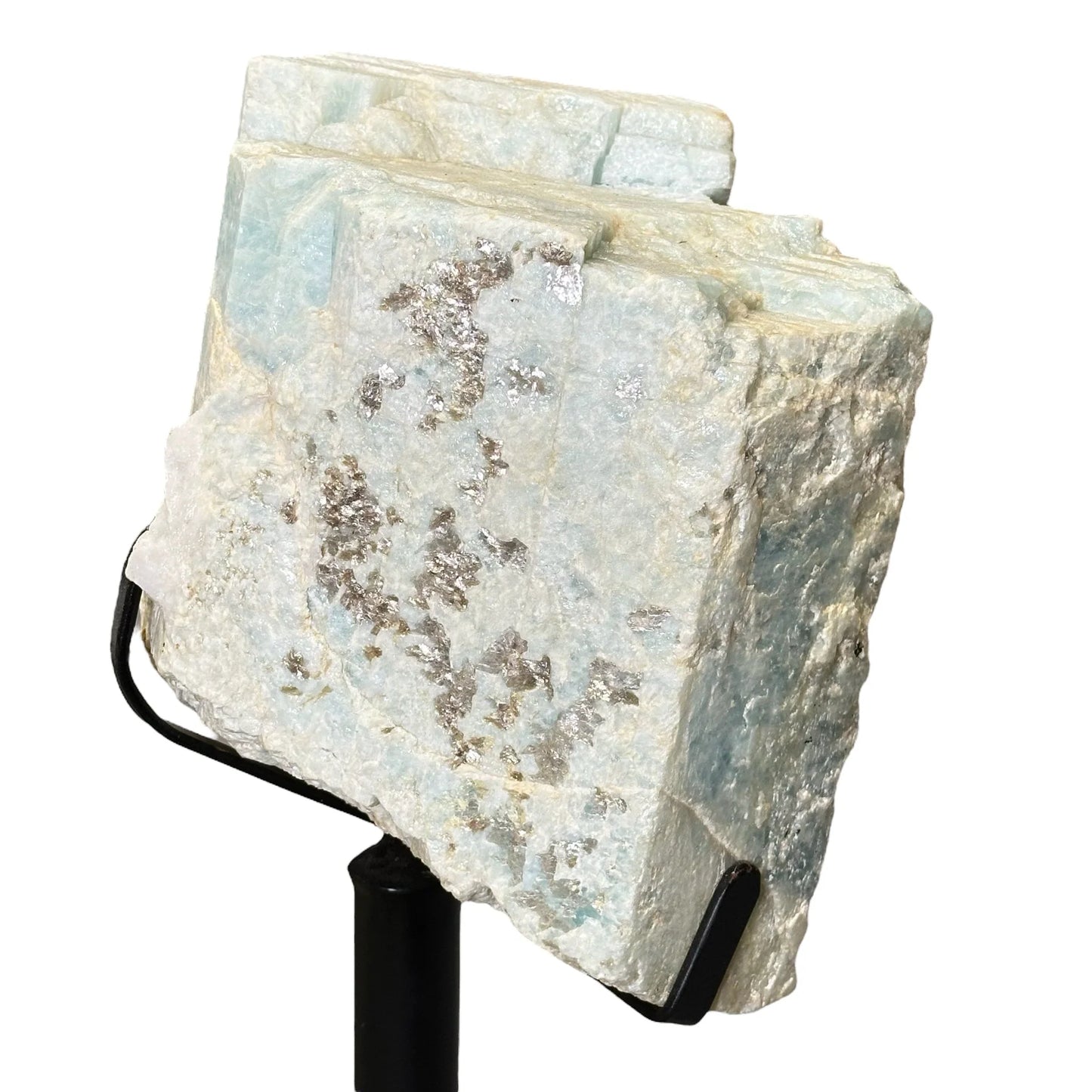 Ocean Stone – Raw Aquamarine on Metal Stand for Coastal Serenity and Calm Energy