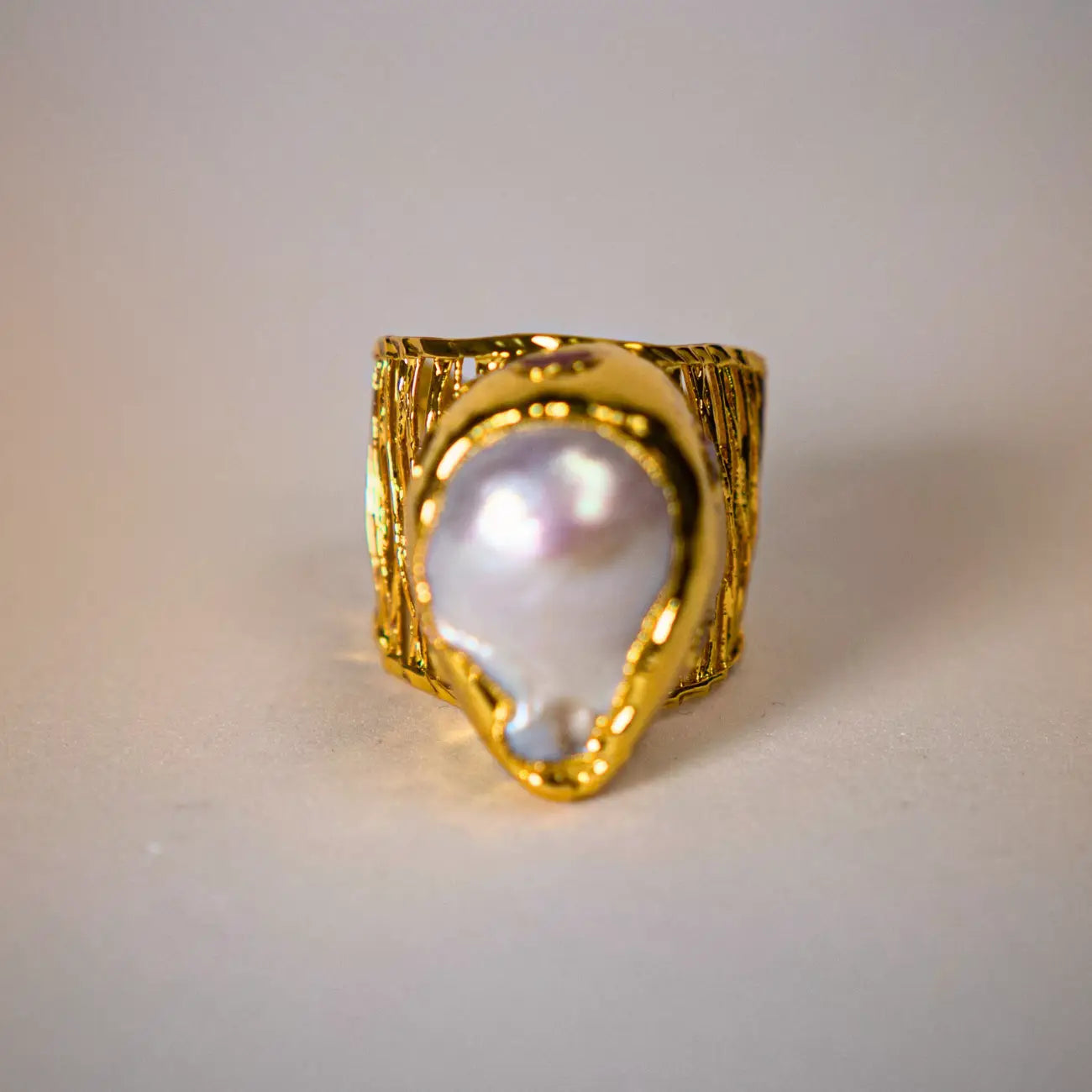 Sculpture Ring With Baroque Pearl 18K Gold Plating and Artistic Design