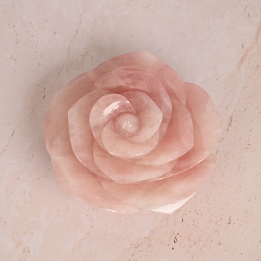 Blush Quartz Hand-Carved Floral Sculpture