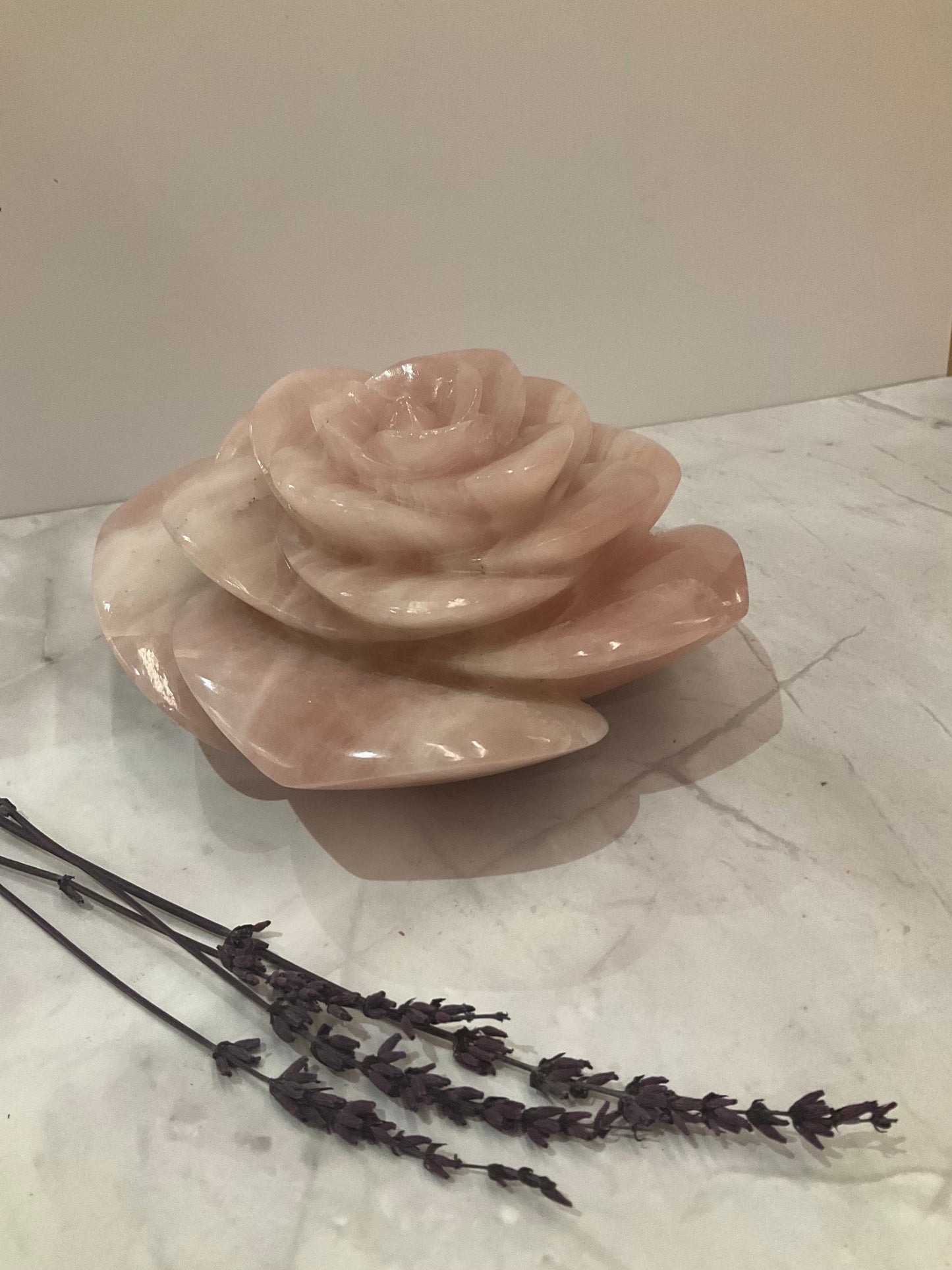 Blush Quartz Hand-Carved Floral Sculpture