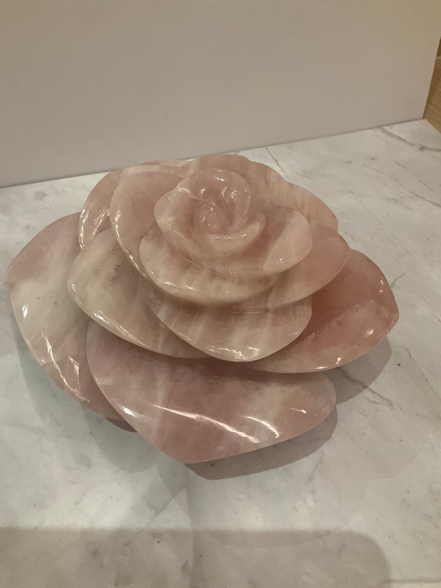 Blush Quartz Hand-Carved Floral Sculpture