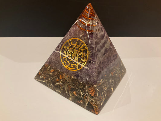 Tetragrammaton Pyramid with Amethyst and Clear Quartz Point