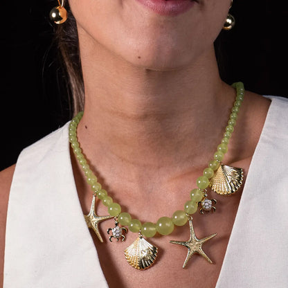 Agate Necklace With Marine Charms - Stars Turtles, and shells