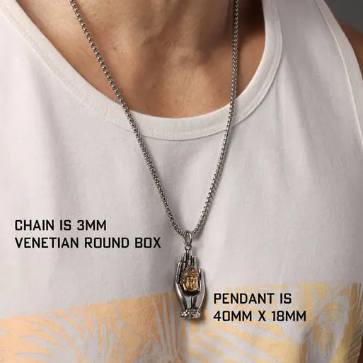Buddha Palm Pendant Men's Necklace Gold and Silver