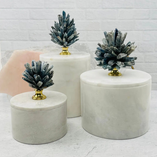 Crystal Kyanite Pinecone On Round Marble Box