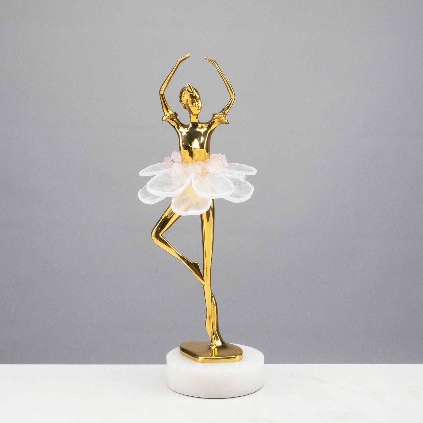 Graceful Dancer with Calcite and Rose Quartz Tutu on Marble Base