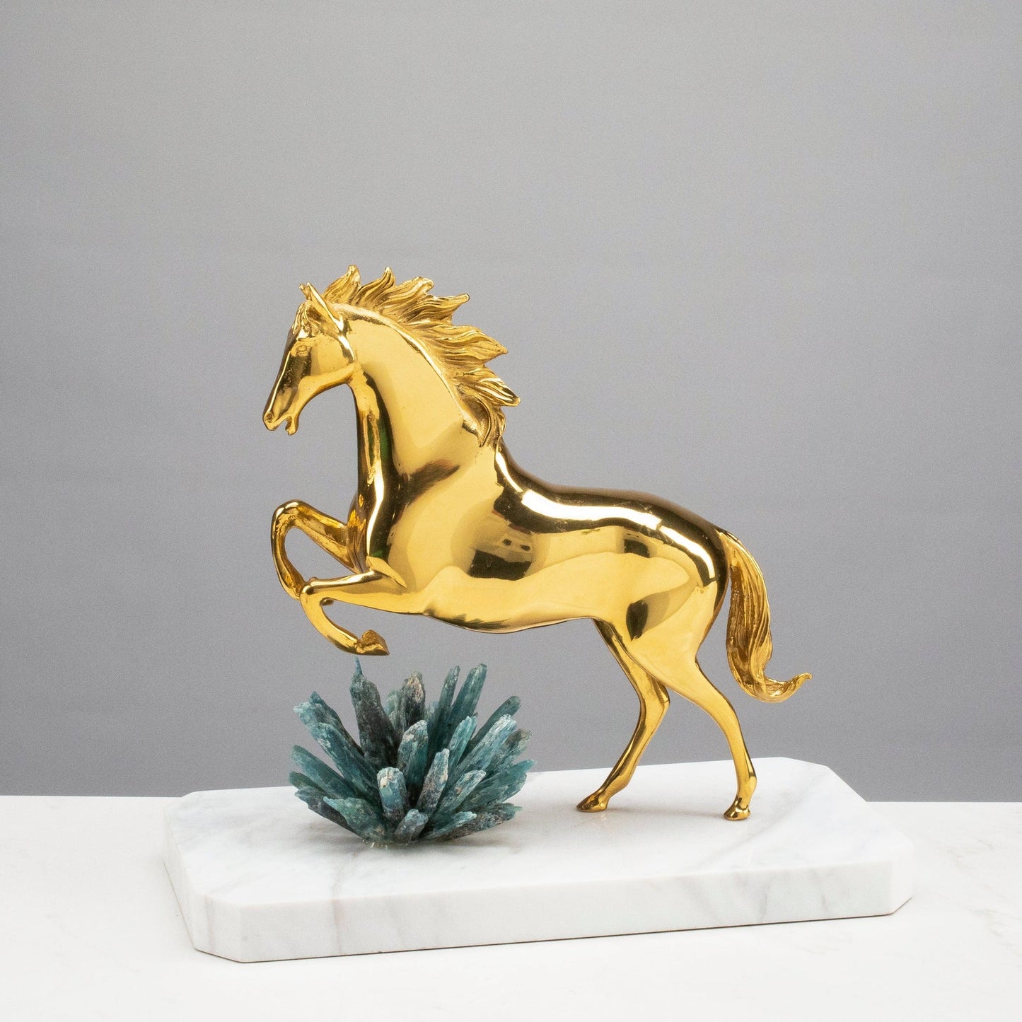 Majestic Brass Horse with Kyanite Cluster on Marble