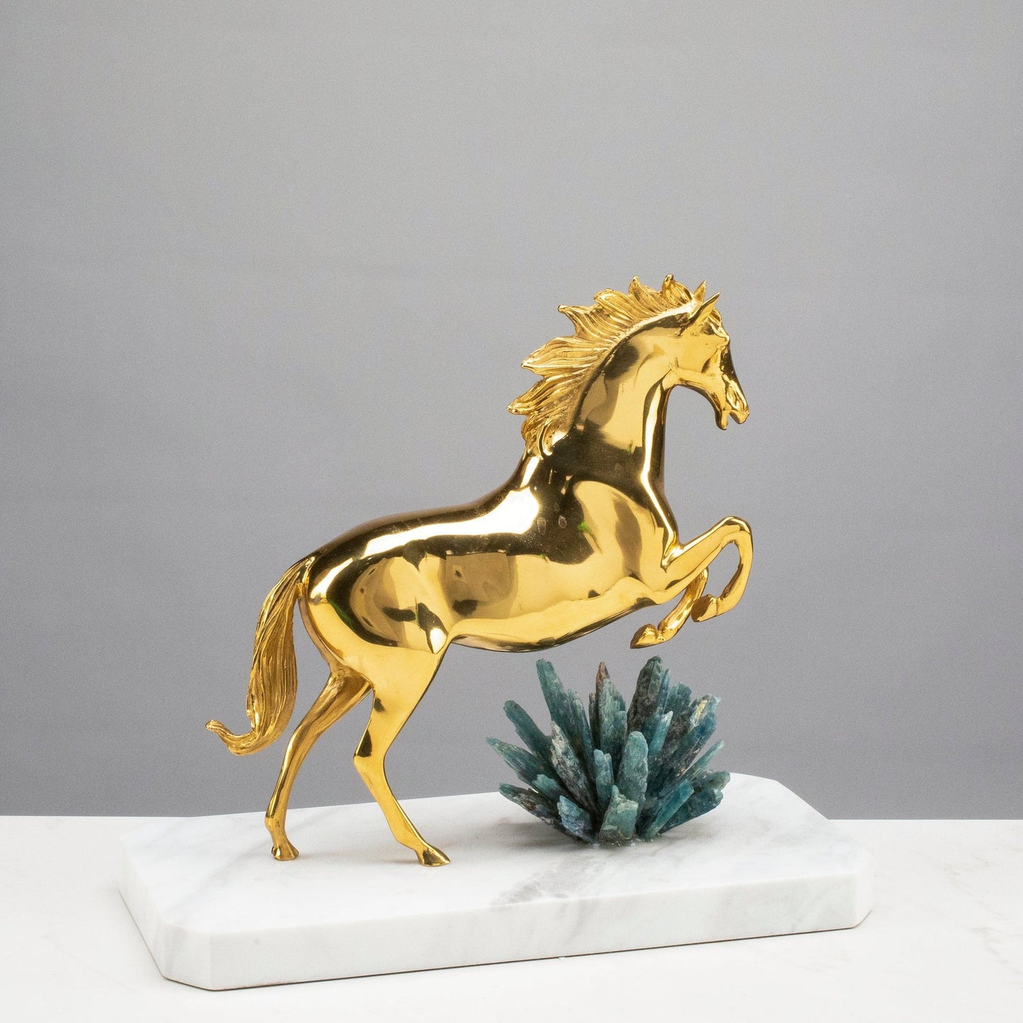 Majestic Brass Horse with Kyanite Cluster on Marble