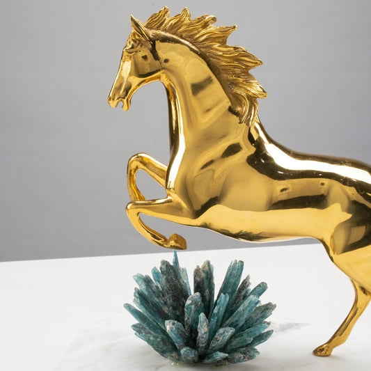 Majestic Brass Horse with Kyanite Cluster on Marble