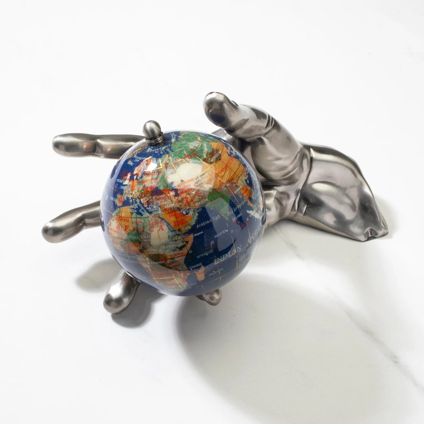 Global Gemstone Sphere with Lapis Ocean and Antique Silver Base