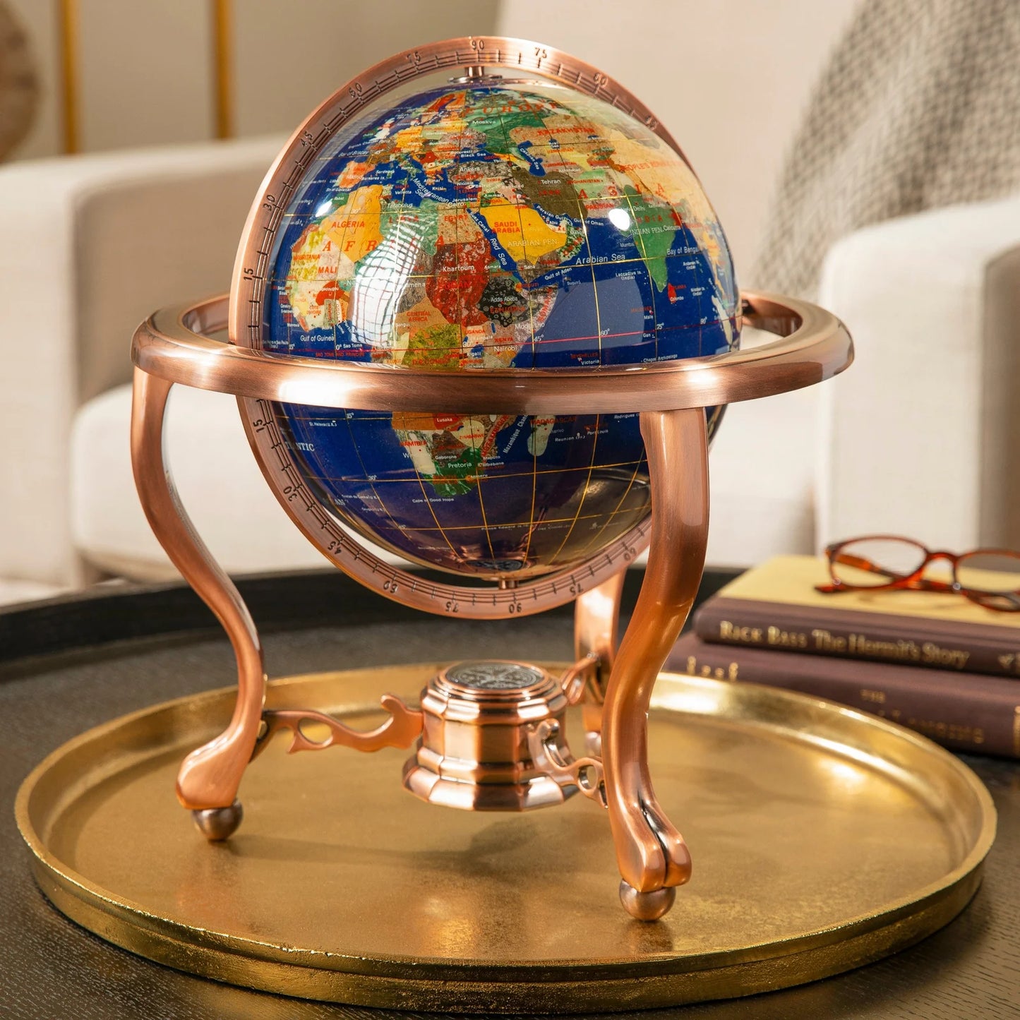 Lapis Gemstone Globe on Copper Stand - 14'' Tall