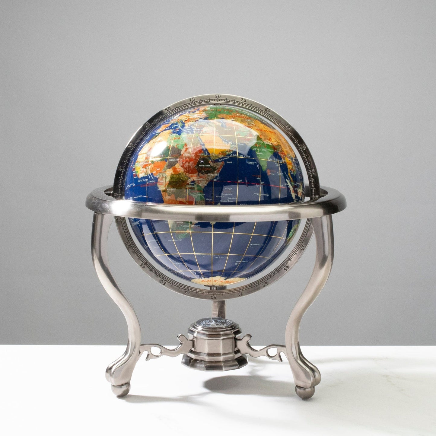 14” Lapis Gemstone Globe on Antique Silver Base