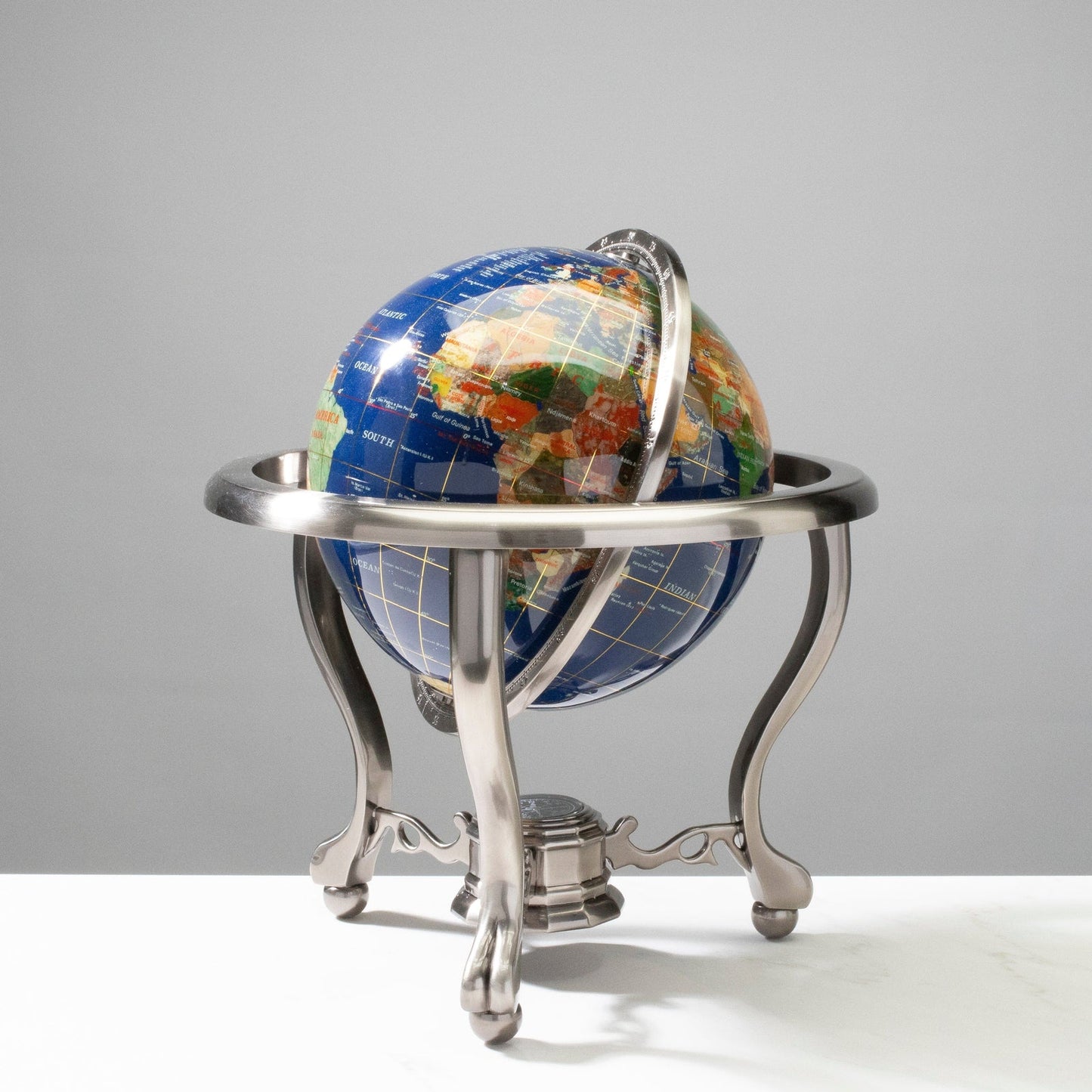 14” Lapis Gemstone Globe on Antique Silver Base