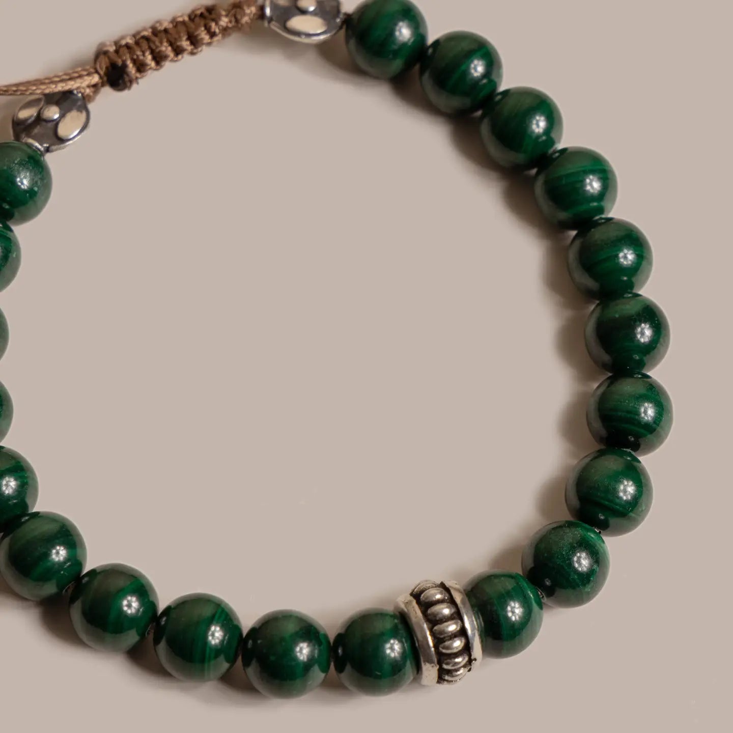 Genuine Malachite and Sterling Silver Men's Bead Bracelet