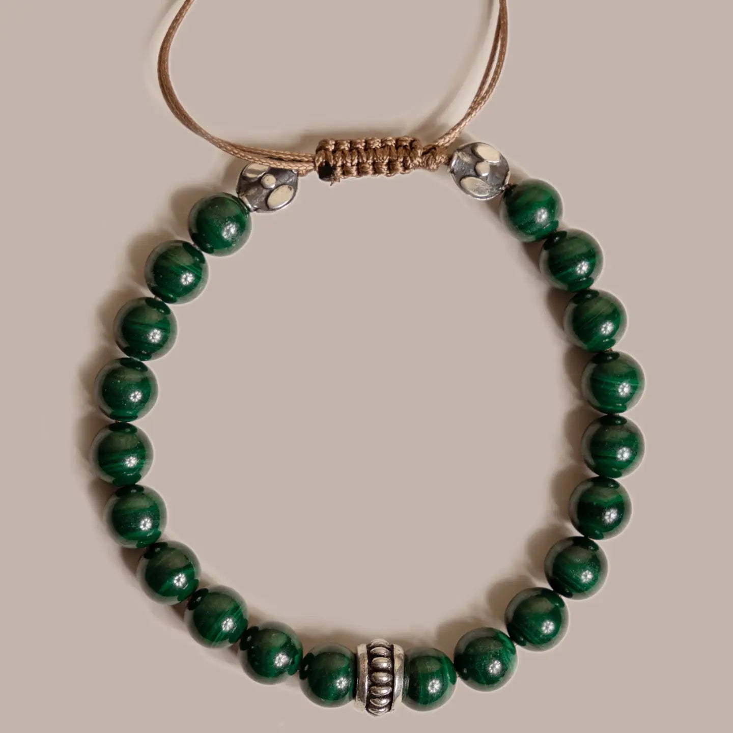 Genuine Malachite and Sterling Silver Men's Bead Bracelet
