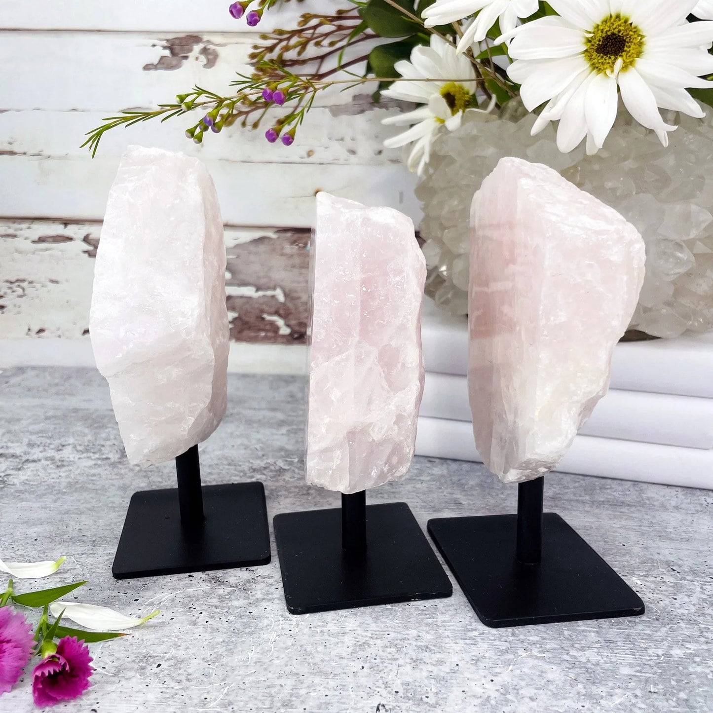 Rose Touch Polished Rose Quartz – Decorative Metal Stand for Love and Harmony