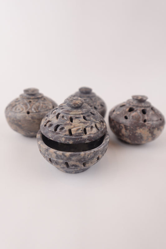 Carved Incense Pot Set of 4 – Natural Stone Art for Rituals and Serene Spaces