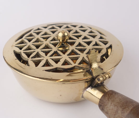 Flower of Life Brass Censer Burner with Wooden Handle – Sacred Burner for Rituals and Energetic Harmony