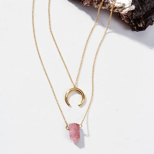 Point-Necklace-Set-with-Genuine-Rose-Quartz –-14K-Gold-Plated