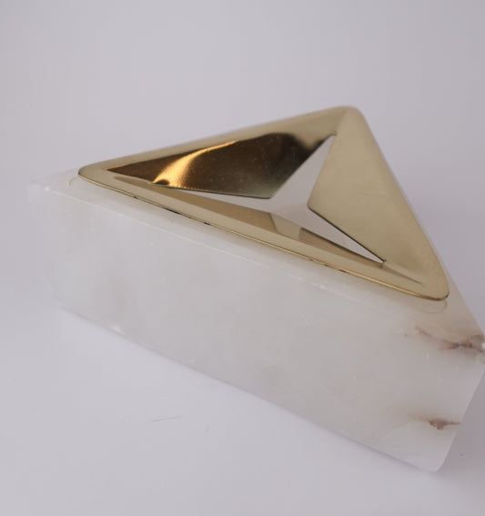 Triangular Alabaster Marble Ashtray with Gold Lid