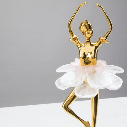 Marble Ballerina Sculpture with Rose Quartz and Calcite Tutu – Sophisticated Elegance and Space Harmonization