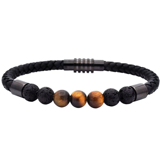 Men's-Tiger-Eye-&-Lava-Stone-Black-Leather-Bracelet 