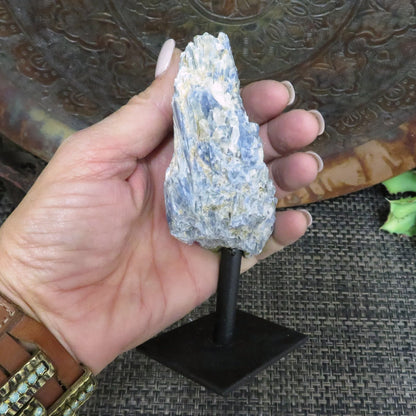 Celestial Blade – Blue Kyanite on Metal Stand for Clarity and Energetic Alignment