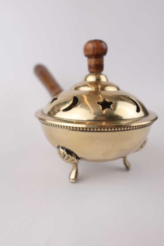 Golden Glow Brass Censer Burner with Wooden Handle – Sophisticated Ritual Tool with Timeless Style
